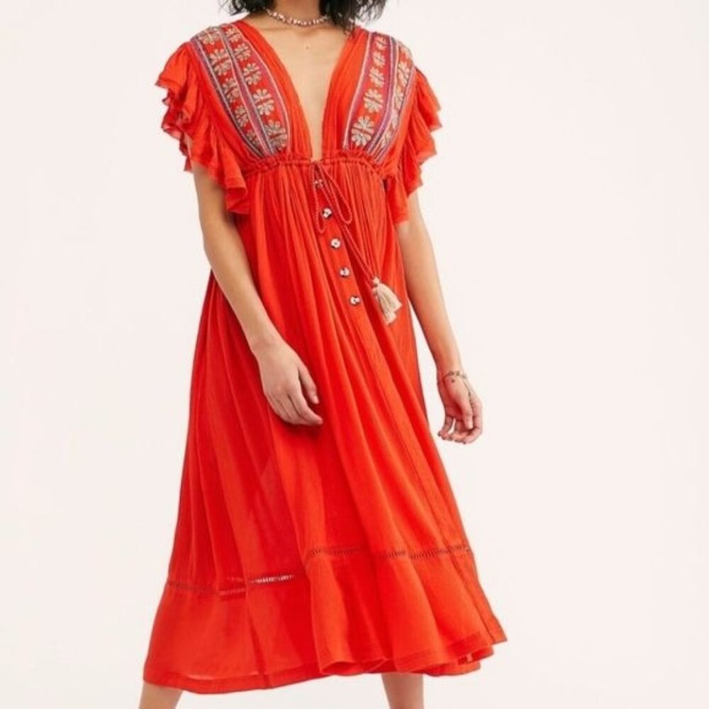 Free People Red Will Wait For You Embroidered Midi Dress XS